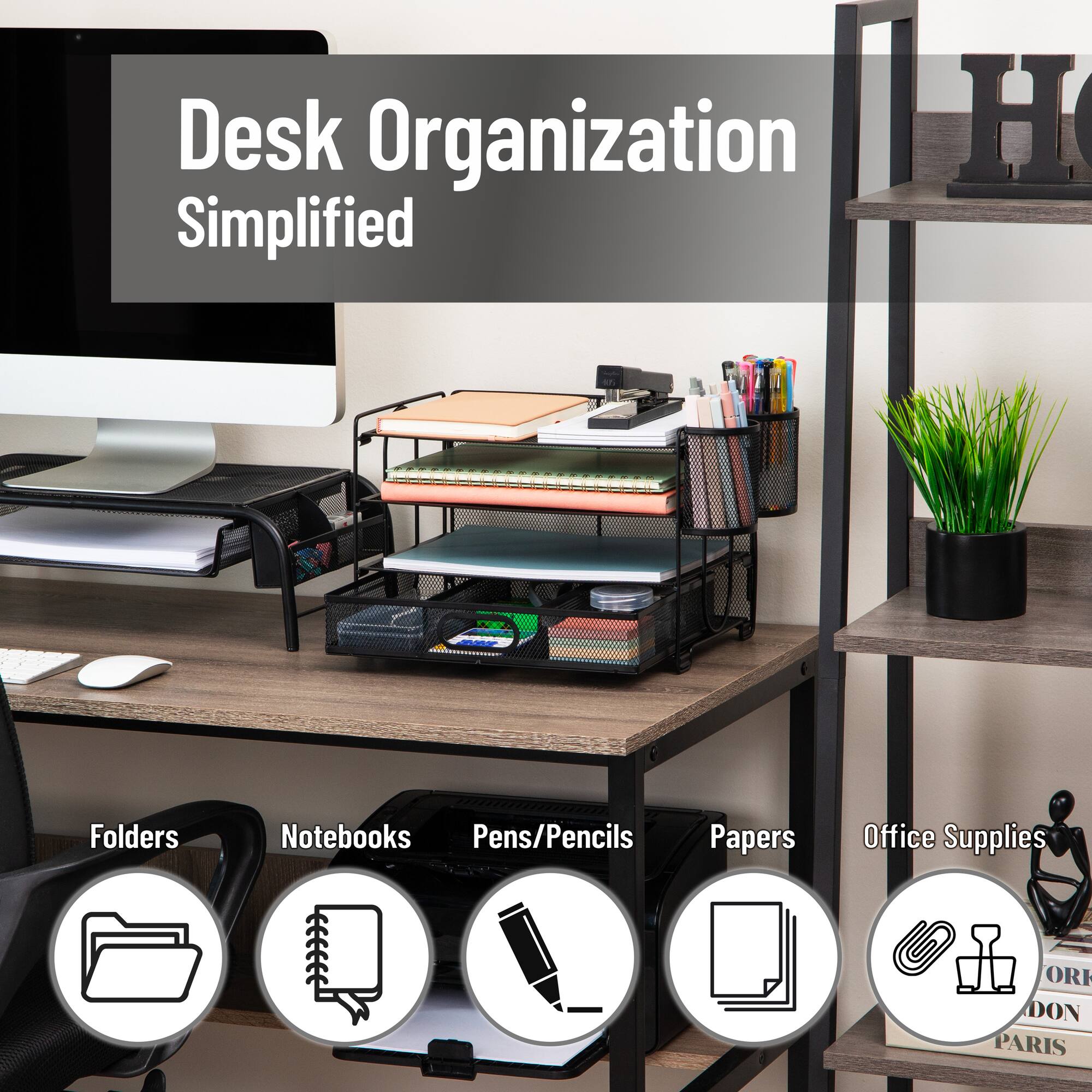 Mind Reader Mesh Desk Organizer, 3 Trays, 1 Drawer, 2 Pen Holders, Office Desktop Organizer, Metal Mesh